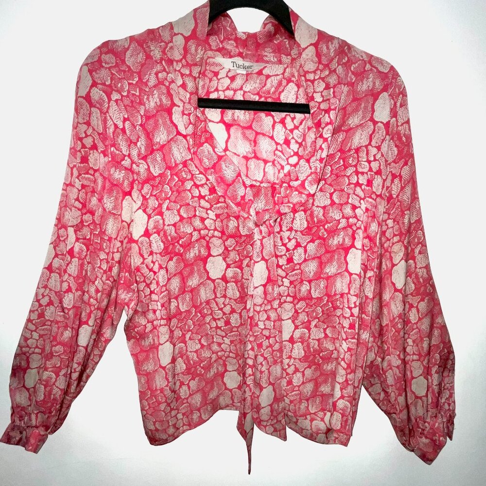 ​Tucker Pink + White Abstract Print Silk Blouse